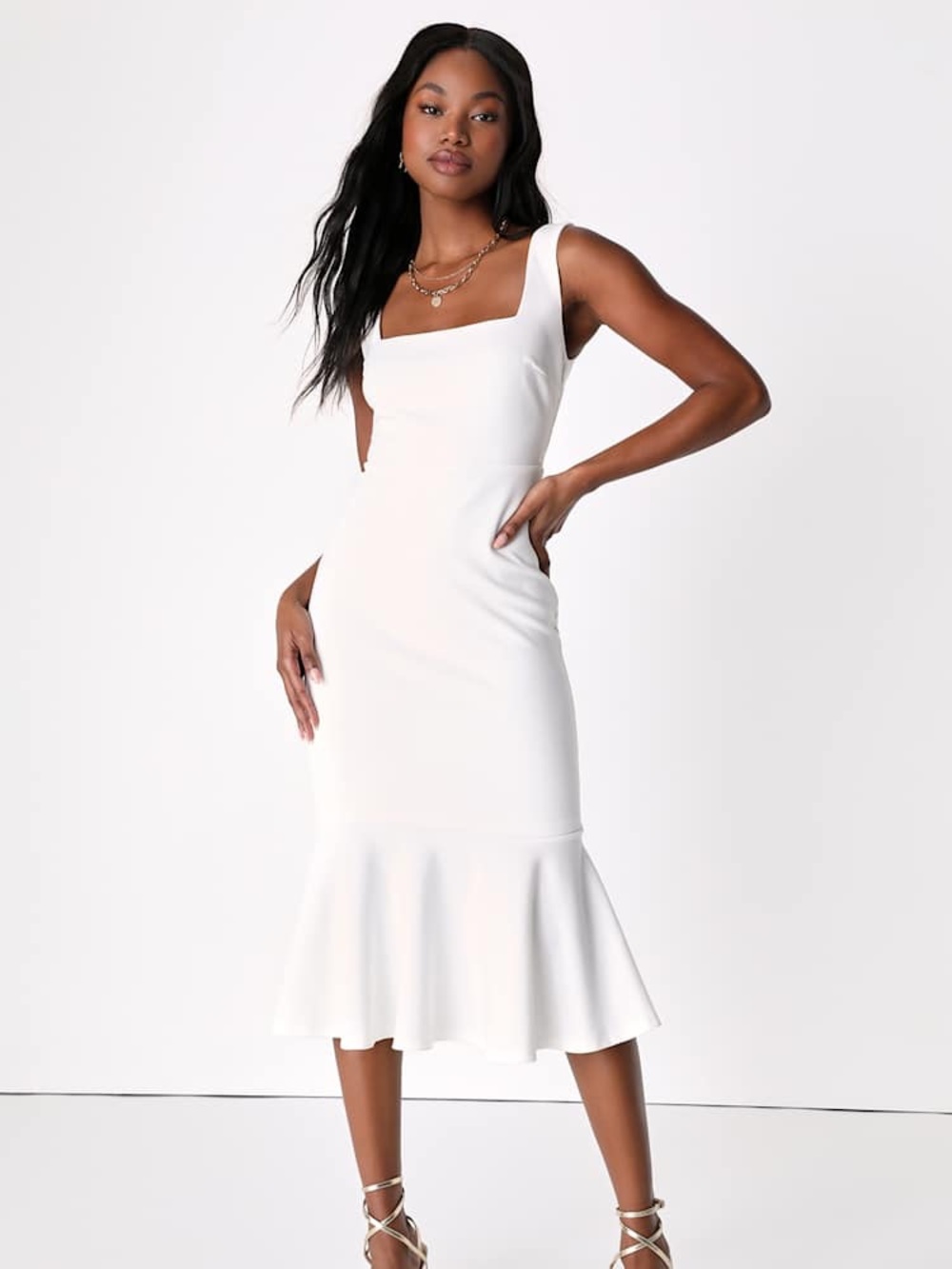 Moment Maker White Square Neck Trumpet Midi Dress